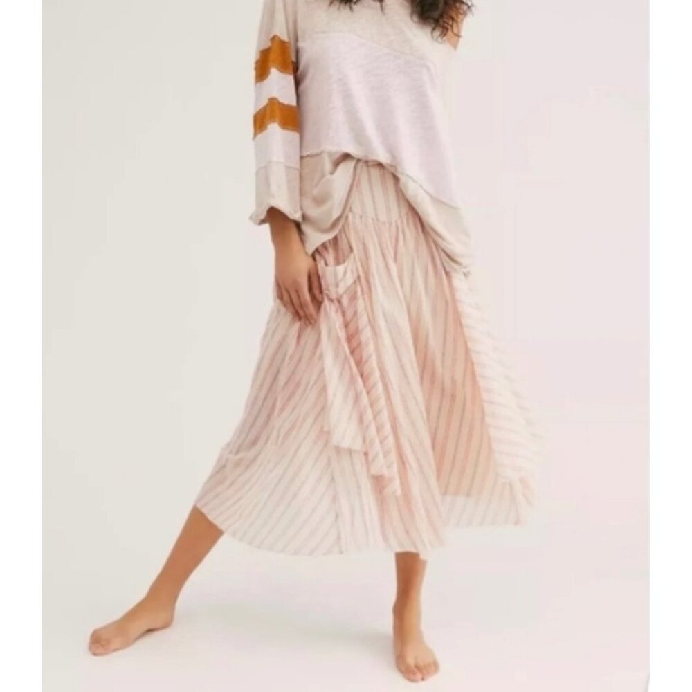 Free People One Elisa Midi Skirt Cotton Striped Cream Blue Pink Boho Sz XS